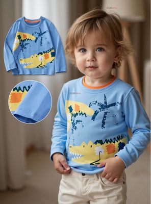 Polera Algodón Manga Larga Niños Camiseta Cocodrilo Azul