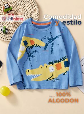 Imagen 2 del producto Polera Algodón Manga Larga Niños Camiseta Cocodrilo Azul