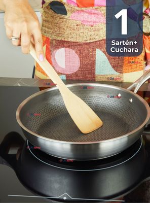 Sartén Acero Inoxidable Antiadherente 24cm +Cuchara de Madera de Bambú