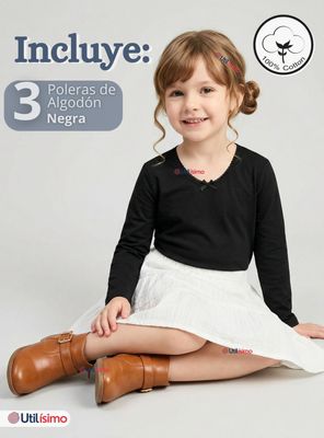 Imagen 2 del producto Pack 3 Camiseta Polera Algodón Cuello Redondo Negra Primera Capa Manga Larga Niña