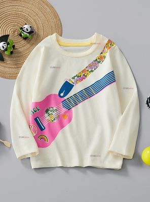 Polera Algodón Manga Larga Niña Camiseta Guitarra Blanco