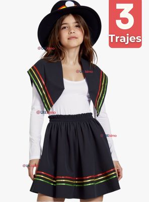 Pack 3 Traje Nortino Negro 4 Piezas Niñas Fiestas Patrias Baile Nortino