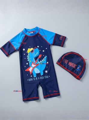 Traje de Baño Enterito Cremallera Manga Corta Con Gorro para Niños de 2 a 4 años Blue Dinosaur