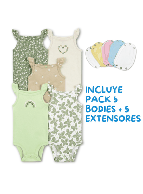 Imagen 2 del producto Pack 5 Unidades Extensor Body Bebé +Pack 5 Bodys Algodón Niña Sin Mangas Verde Mariposas
