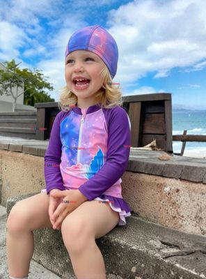 Traje De Baño Enterito Manga Larga con Cremallera y Gorro de Baño Bebe Niña Purple Mermaid