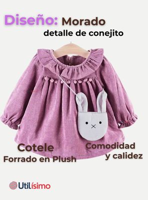 Imagen 2 del producto Vestido De Cotelé Con Bolso Conejo Forrado En Plush Niña Morado