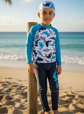 Traje de Baño Con Gorro Pantalón Largo Polera Manga Larga 3 Piezas Niño 3 a 11 años White Shark