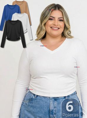 Imagen 1 del producto Pack 6 Camisetas Polar Polera Cuello V Mujer Manga Larga Tela Acanalada Color Surtidos