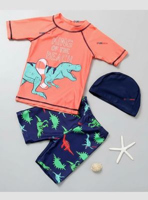 Traje De Baño Polera Pantalón Corto y Gorro de Baño 3 piezas Corte Split Niño de 3 a 9 Años Dino
