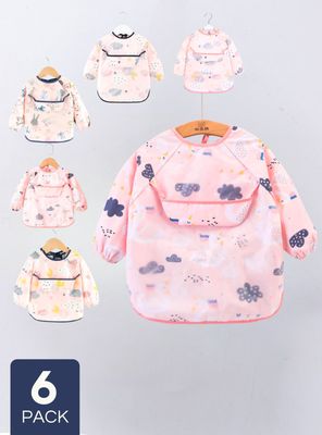 Pack 6 Babero Delantal Impermeable Premium Con Mangas Larga Para Bebe Y Niña