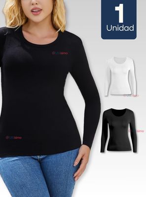 Camiseta Bambú Manga Larga Primera Capa Mujer Polera Blanco y Negro