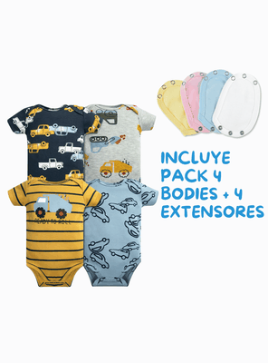 Imagen 2 del producto Pack 4 Unidades Extensor Body Bebé +Pack 4 Bodys Algodón Niño Manga Corta Autos Amarillos