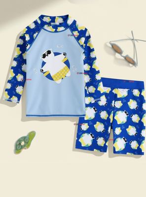 Traje de Baño Manga Larga Pantalón Corto 2 Piezas para Niños 3 a 9 años Blue Polar Bear