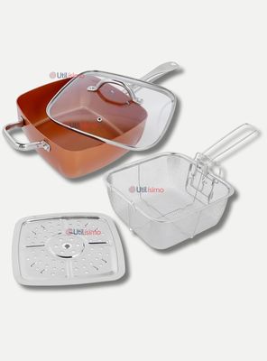 Sartén Antiadherente De Cobre Multiuso 3 en 1 Cesta Para Freír Vaporera