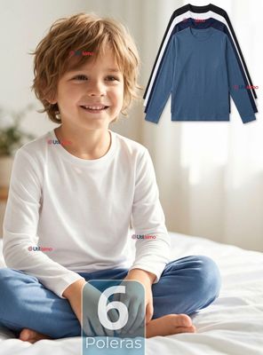 Imagen 1 del producto Pack 6 Poleras Camisetas Bambú Cuello Redondo Primera Capa Manga Larga Colores Surtidos Niños