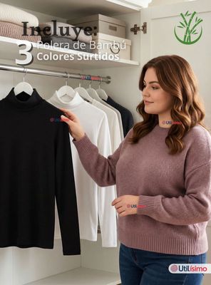 Imagen 2 del producto Pack 3 Camisetas Poleras Bambú Primera Capa Cuello Beatle Manga Larga Colores Surtidos Mujer