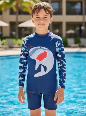 Traje de Baño Enterito Con Cremallera Manga Larga para Niño 2 a 6 años Blue Shark