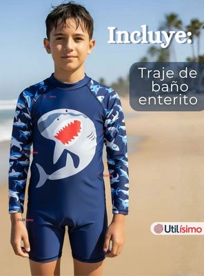 Imagen 2 del producto Traje de Baño Enterito Con Cremallera Manga Larga para Niño 2 a 6 años Blue Shark
