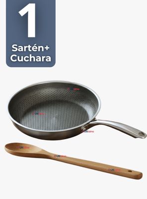 Sartén Acero Inoxidable Antiadherente 24cm +Cuchara Madera de Bambú