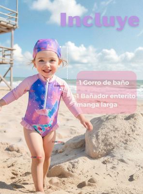 Imagen 2 del producto Traje De Baño Enterito Manga Larga con Cremallera y Gorro Bebe Niña Pink Mermaid