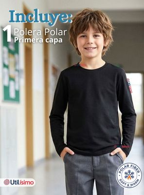 Imagen 2 del producto Polera Camiseta Polar Negra Primera Capa Escolar Cuello Redondo Manga Larga Niños