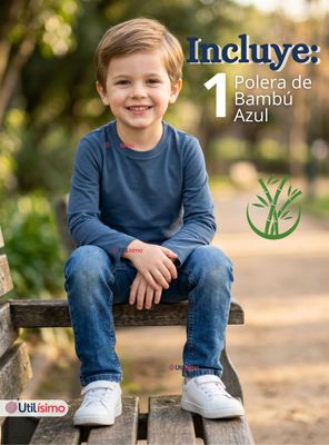 Imagen 2 del producto Polera Camiseta Bambú Azul Claro Cuello Redondo Primera Capa Mangas Largas Niños
