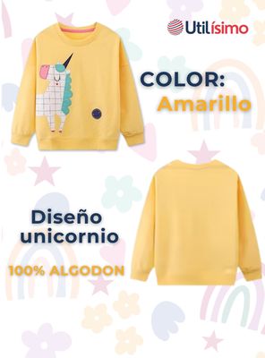 Imagen 2 del producto Polerón Algodón Cuello Redondo Niñas Amarillo Unicornio