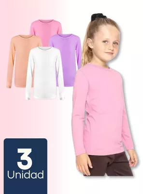 Pack 3 Camisetas Primera Capa Invierno Niña Bambú Manga Larga Cuello Redondo