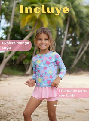 Imagen 2 del producto Traje De Baño Manga Larga Con Pantalón Corto y Falda 2 Piezas Niña de 2 a 7 años Starfish