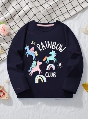 Polera Algodón Manga Larga Niña Camiseta Negro Unicornio