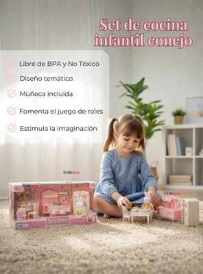 Imagen 2 del producto Set de Cocina y Comedor con Muñeca Conejita Juguete para Niña