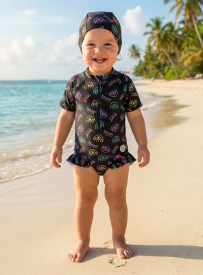 Traje de Baño Enterito Cremallera Manga Larga Con Gorro Niña 1 a 6 años Black