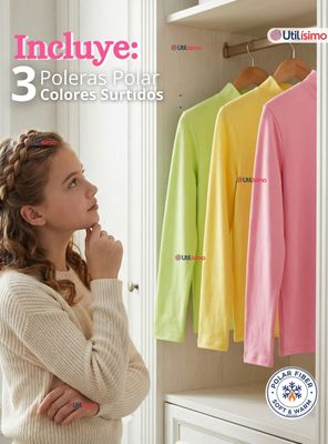 Imagen 2 del producto Pack 3 Poleras Camisetas Polar Primera Capa Cuello Beatle Mangas Largas Colores Surtido Niñas