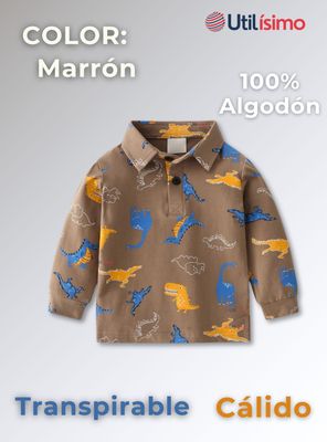 Imagen 2 del producto Polera Piqué Manga Larga Niño Estampado Dinosaurios Marrón