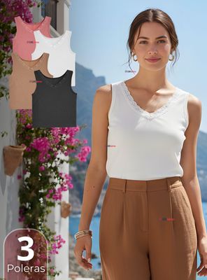 Imagen 1 del producto Pack 3 Camiseta Polera Sin Mangas Tela Acanalada de Algodón Cuello V Mujer Colores Surtidos
