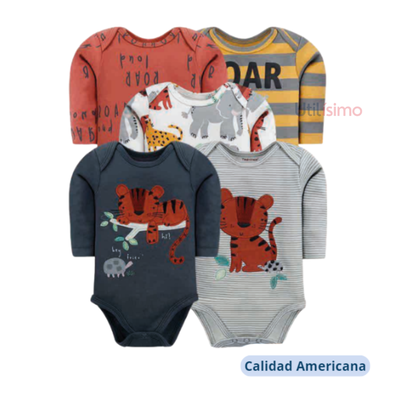 Pack 5 Bodys Tedmimak Niño Manga Larga Roar Azul Oscuro 100% Algodón