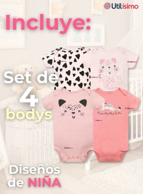 Imagen 2 del producto Pack 4 Bodys Niñas Manga Corta Tedmimak 100% Algodón Cat Love