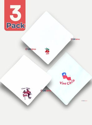 Pack 3 Pañuelo Baile Cueca 45 CM Bordados Fiestas Patrias Surtidos