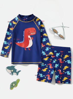 Traje de Baño Manga Larga Pantalón Corto 2 Piezas para Niños 3 a 9 años Blue Dinosaur