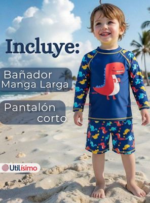 Imagen 2 del producto Traje de Baño Manga Larga Pantalón Corto 2 Piezas para Niños 3 a 9 años Blue Dinosaur