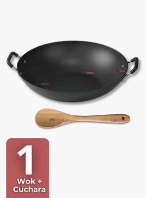 Wok Chino Acero Inoxidable Antiadherente 34cm+ Cuchara de Madera Bambú