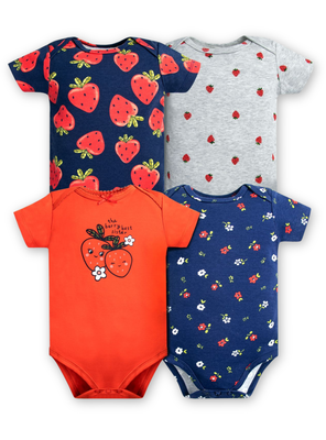 Pack 4 Bodys Niña Manga Corta Tedmimak 100% Algodón Fresas Rojo