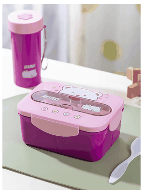 Fiambrera Contenedor Osito 1200 Ml Táper Hermético + Cubiertos y Vaso Infantil Pink