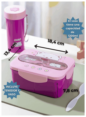 Imagen 2 del producto Fiambrera Contenedor Osito 1200 Ml Táper Hermético + Cubiertos y Vaso Infantil Pink