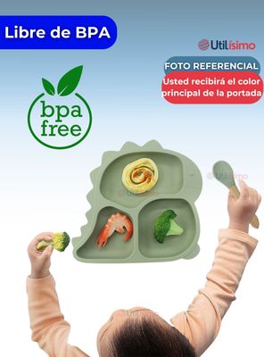 Imagen 2 del producto Set De Alimentación Bebé Silicona 5 Piezas Dinosaurio Libre BPA Celeste