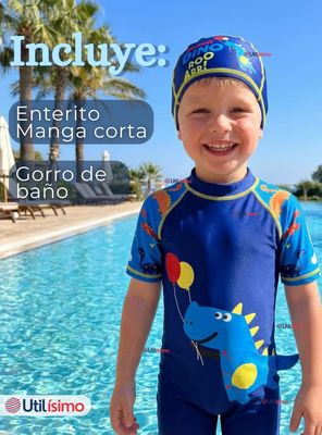 Imagen 2 del producto Traje de Baño Enterito Cremallera Manga Corta Con Gorro para Niños 2 a 4 años Blue Dinosaurio