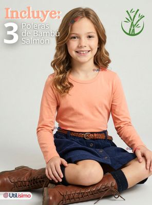 Imagen 2 del producto Pack 3 Camisetas Poleras Bambú Cuello Redondo Salmón Primera Capa Mangas Largas para Niñas