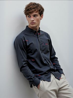 Camisa Casual  Manga Larga Cuello Americano 100% Algodón Negro