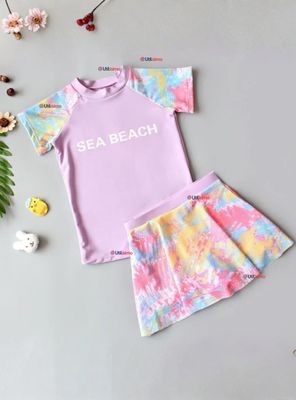 Traje De Baño Manga Corta Pantalón Corto Con Falda 2 Piezas Niña 6 a 13 Años Sea Beach Lila