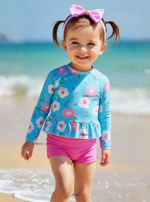 Traje De Baño Manga Larga y Pantalón Corto 2 Piezas Niña de 2 a 7 años Flowers